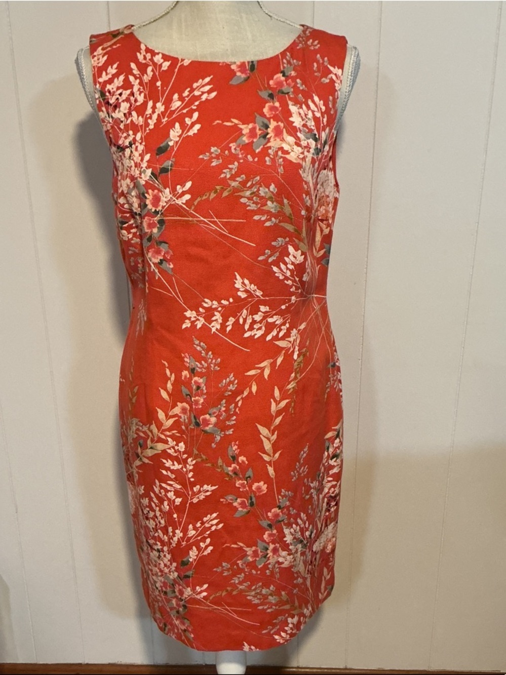 Talbots Coral Red Floral Midi Sheath Dress